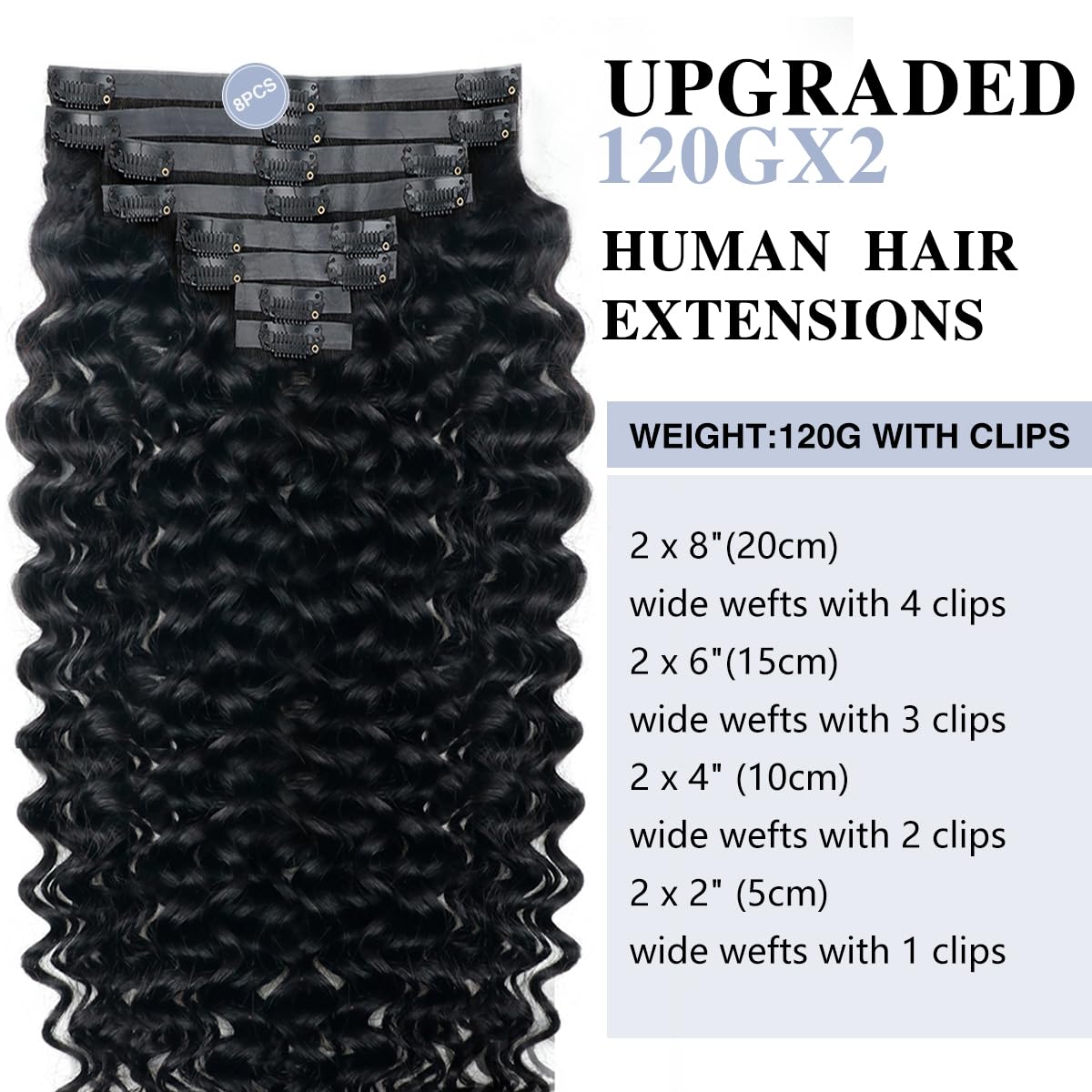 Onimehair™Curly Clip in Hair Extensions for Black Women Brazilian Virgin Human Hair Clip in Extensions 7Pcs Kinky Curly Clip ins Human Hair with 17Clips Double Lace Weft 120g 20nch Natural Black