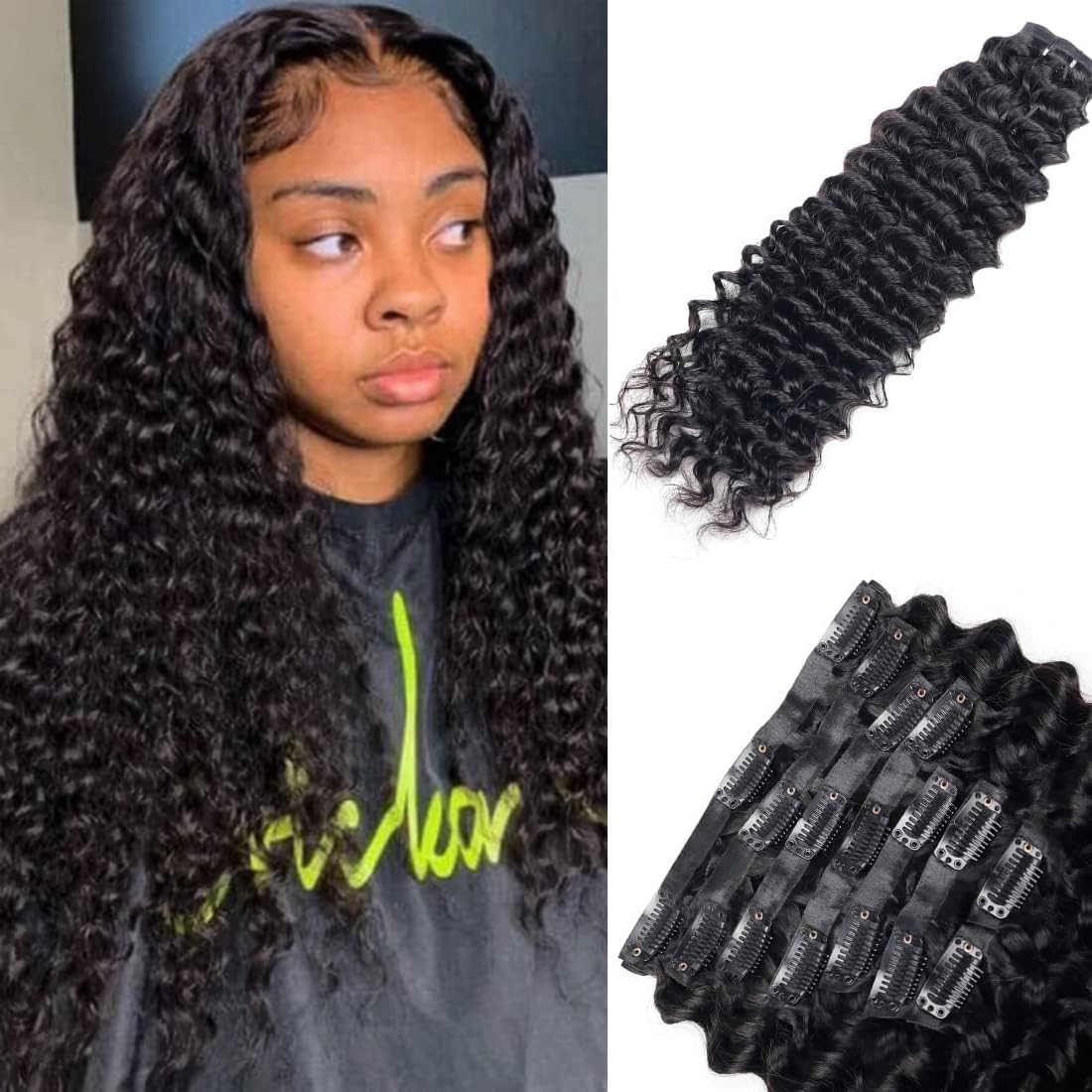 Onimehair™Curly Clip in Hair Extensions for Black Women Brazilian Virgin Human Hair Clip in Extensions 7Pcs Kinky Curly Clip ins Human Hair with 17Clips Double Lace Weft 120g 20nch Natural Black