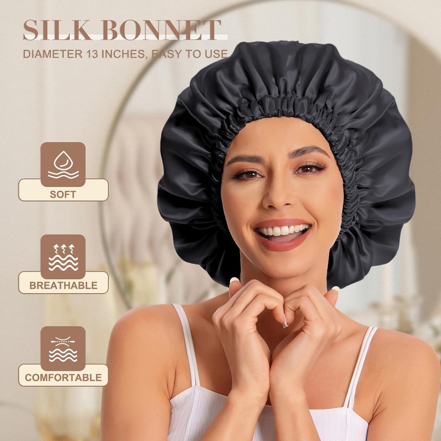 Satin Bonnet Silk Bonnet Hair Bonnet for Sleeping-Slouchy Beanie Hat Satin Sleep Cap for Women's Natural & Curly Hair(Black&Gray)