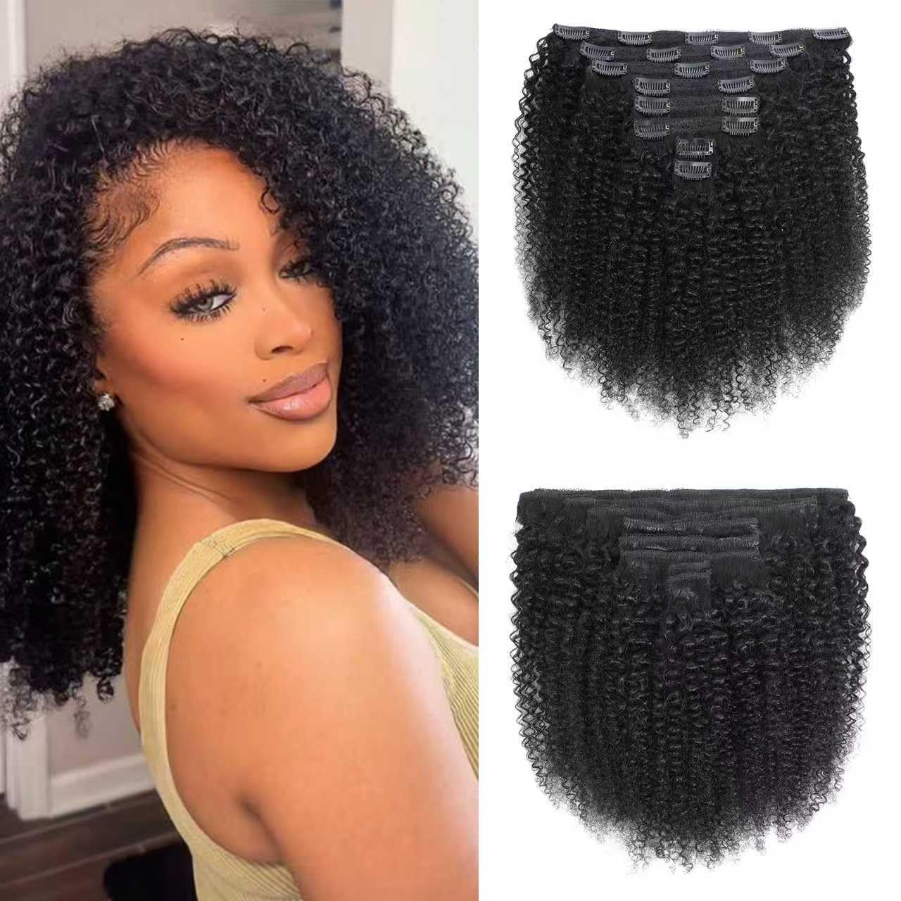 Onimehair™Afro Kinky Curly Clip Ins Human Hair 4C Hair Clip in Extensions Real Natural Human Hair for Black Women 8 pecs with 20 Clips 120g Natural Black Color 14 Inch