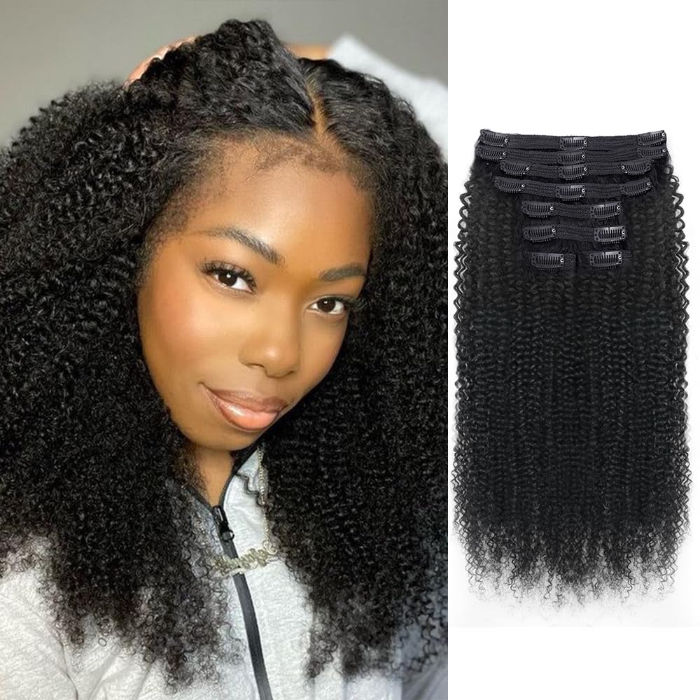 Onimehair™Extension Full Head For Black Women Burmese Curly Clip in Hair Extensions Real Human Hair Messy Curly Clip Ins for Women Brazilian Remy Human Hair Natural Black 12Inch