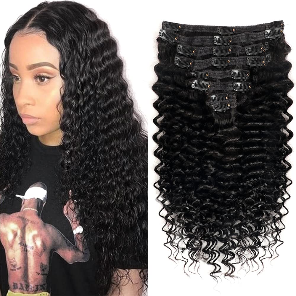 Onimehair™Curly Clip in Hair Extensions for Black Women Brazilian Virgin Human Hair Clip in Extensions 7Pcs Kinky Curly Clip ins Human Hair with 17Clips Double Lace Weft 120g 20nch Natural Black
