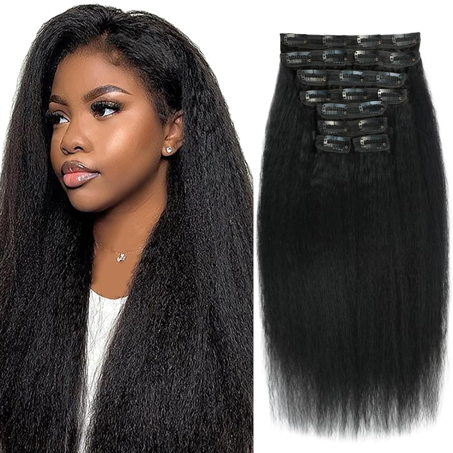 Onimehair™16 Inch Kinky Curly Clip ins Human Hair 110g 8pcs 20 Clips 3C 4A Curly Clip In Hair Extensions Real Human Hair Brazilian Virgin Hair Full Head for Women Natural Black