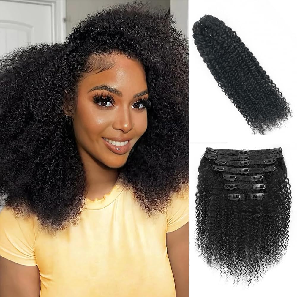 Onimehair™Extension Full Head For Black Women Burmese Curly Clip in Hair Extensions Real Human Hair Messy Curly Clip Ins for Women Brazilian Remy Human Hair Natural Black 12Inch