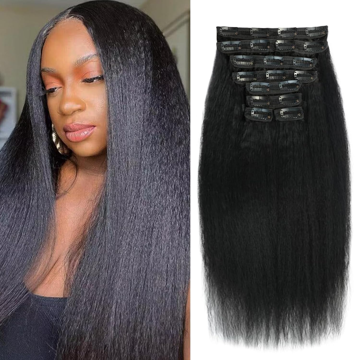 Onimehair™16 Inch Kinky Curly Clip ins Human Hair 110g 8pcs 20 Clips 3C 4A Curly Clip In Hair Extensions Real Human Hair Brazilian Virgin Hair Full Head for Women Natural Black
