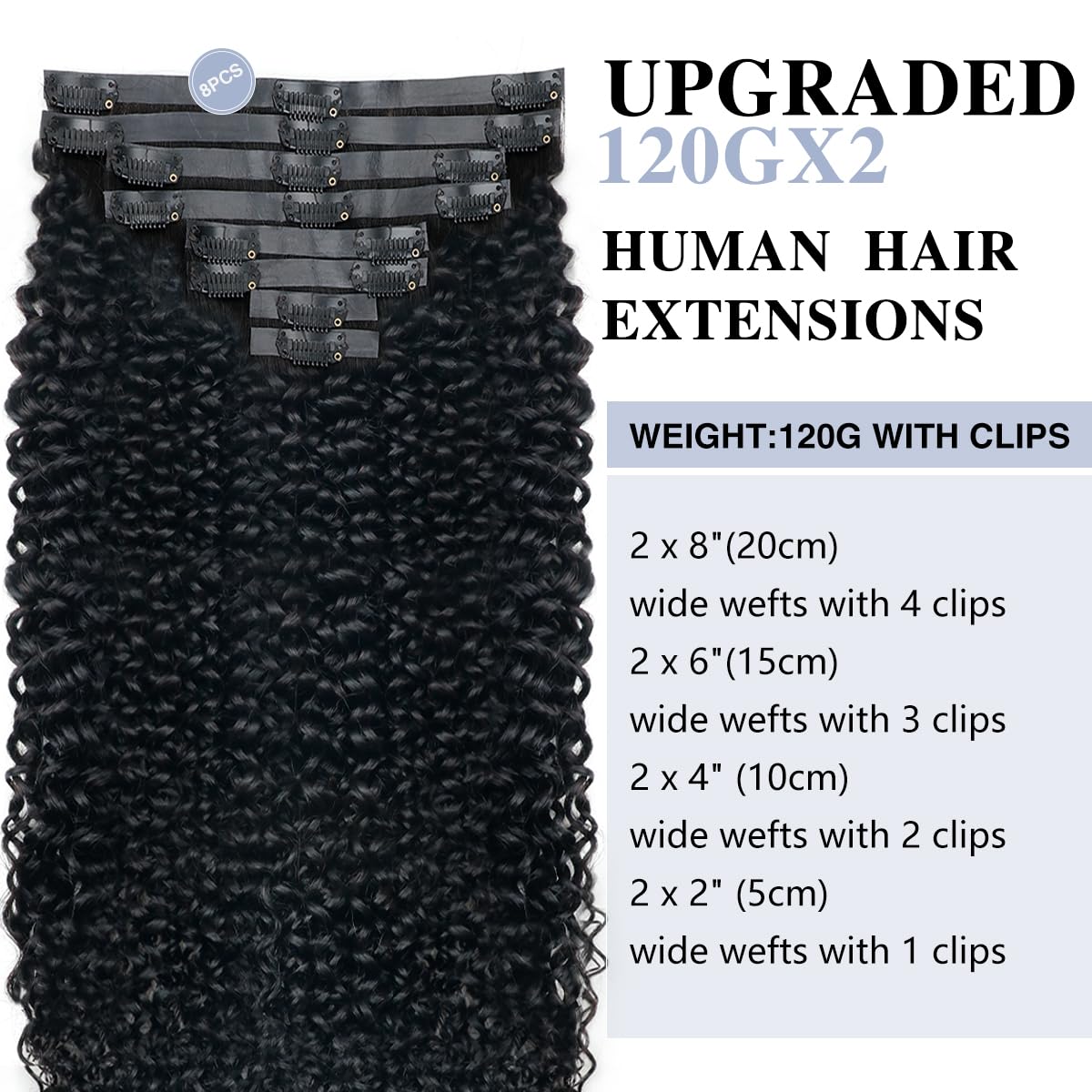 Onimehair™Curly Clip in Hair Extensions for Black Women Brazilian Virgin Human Hair Clip in Extensions 7Pcs Kinky Curly Clip ins Human Hair with 17Clips Double Lace Weft 120g 20nch Natural Black