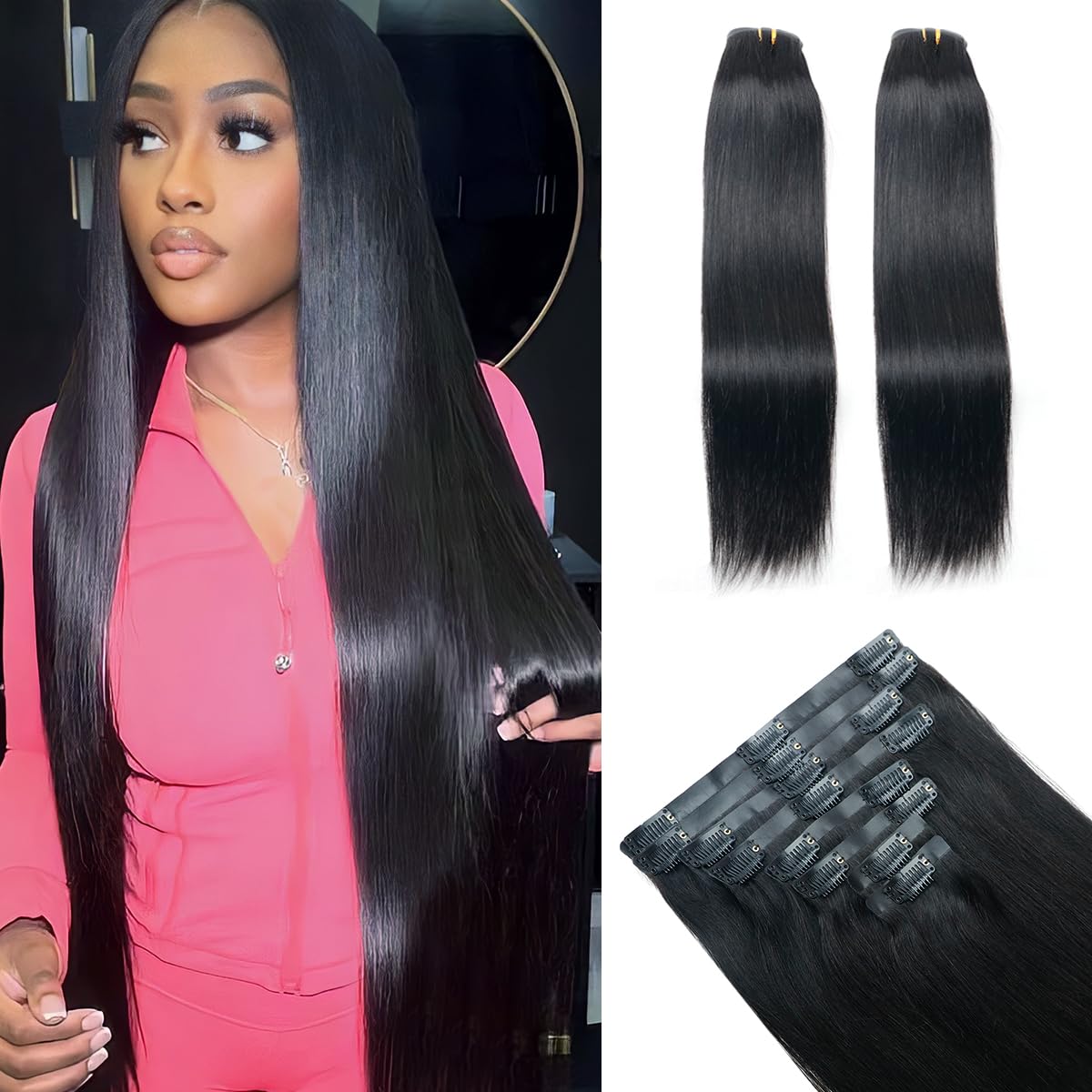 Onimehair™Curly Clip in Hair Extensions for Black Women Brazilian Virgin Human Hair Clip in Extensions 7Pcs Kinky Curly Clip ins Human Hair with 17Clips Double Lace Weft 120g 20nch Natural Black