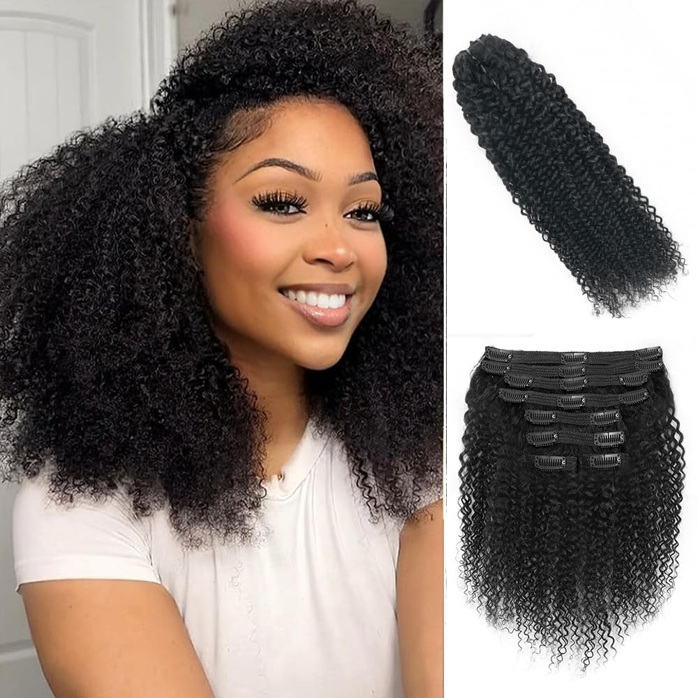 Onimehair™Extension Full Head For Black Women Burmese Curly Clip in Hair Extensions Real Human Hair Messy Curly Clip Ins for Women Brazilian Remy Human Hair Natural Black 12Inch