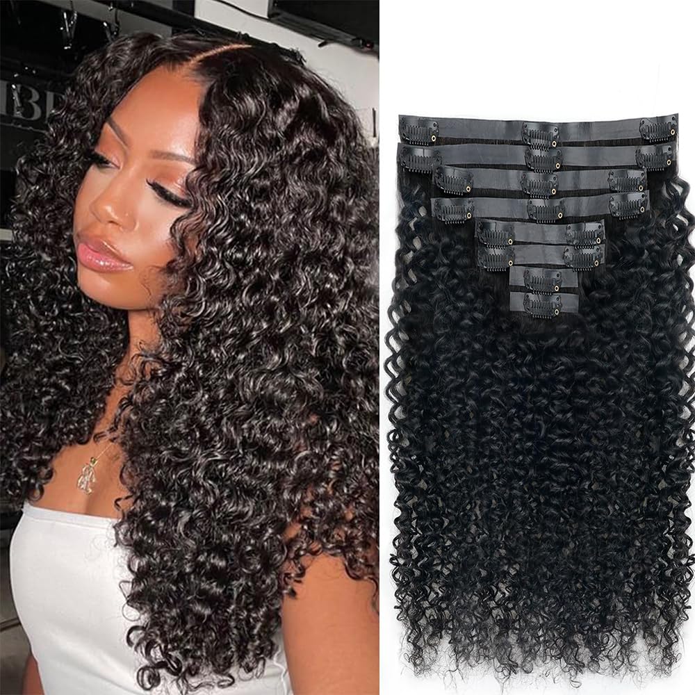 Onimehair™Curly Clip in Hair Extensions for Black Women Brazilian Virgin Human Hair Clip in Extensions 7Pcs Kinky Curly Clip ins Human Hair with 17Clips Double Lace Weft 120g 20nch Natural Black