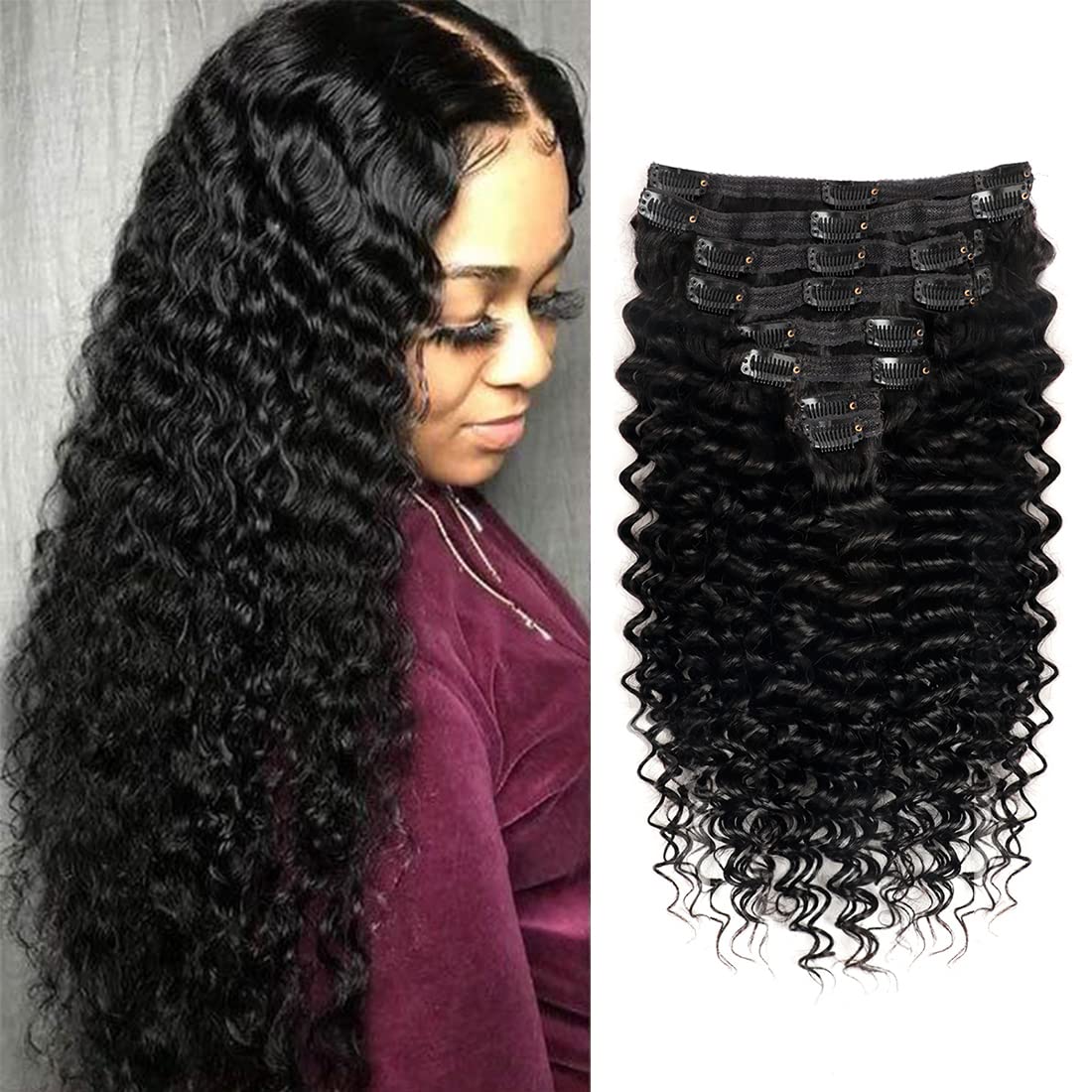 Onimehair™Curly Clip in Hair Extensions for Black Women Brazilian Virgin Human Hair Clip in Extensions 7Pcs Kinky Curly Clip ins Human Hair with 17Clips Double Lace Weft 120g 20nch Natural Black