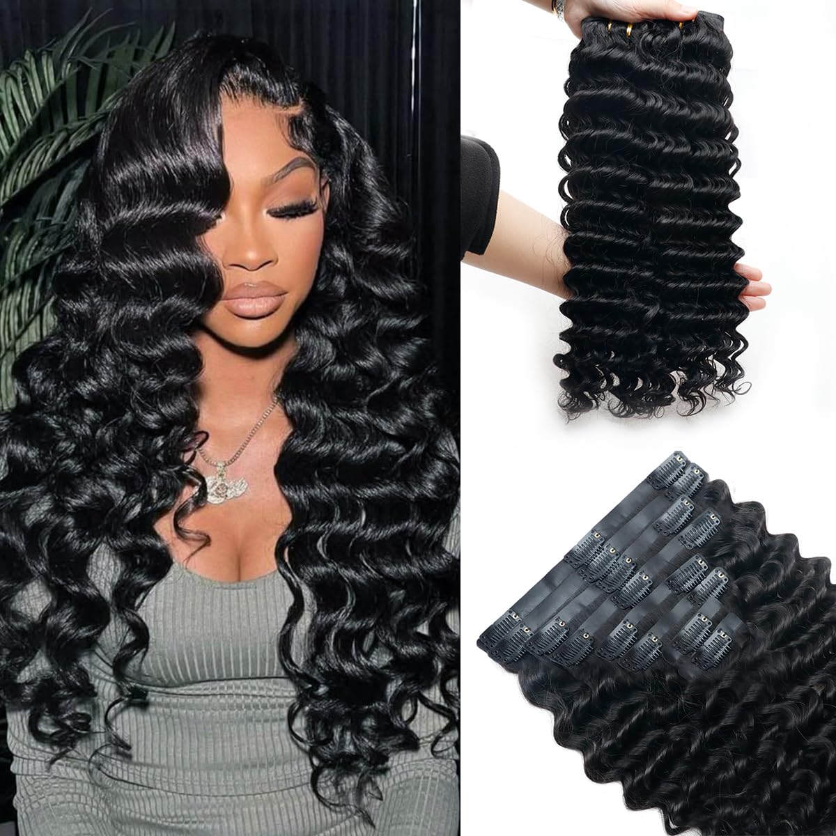 Onimehair™Curly Clip in Hair Extensions for Black Women Brazilian Virgin Human Hair Clip in Extensions 7Pcs Kinky Curly Clip ins Human Hair with 17Clips Double Lace Weft 120g 20nch Natural Black