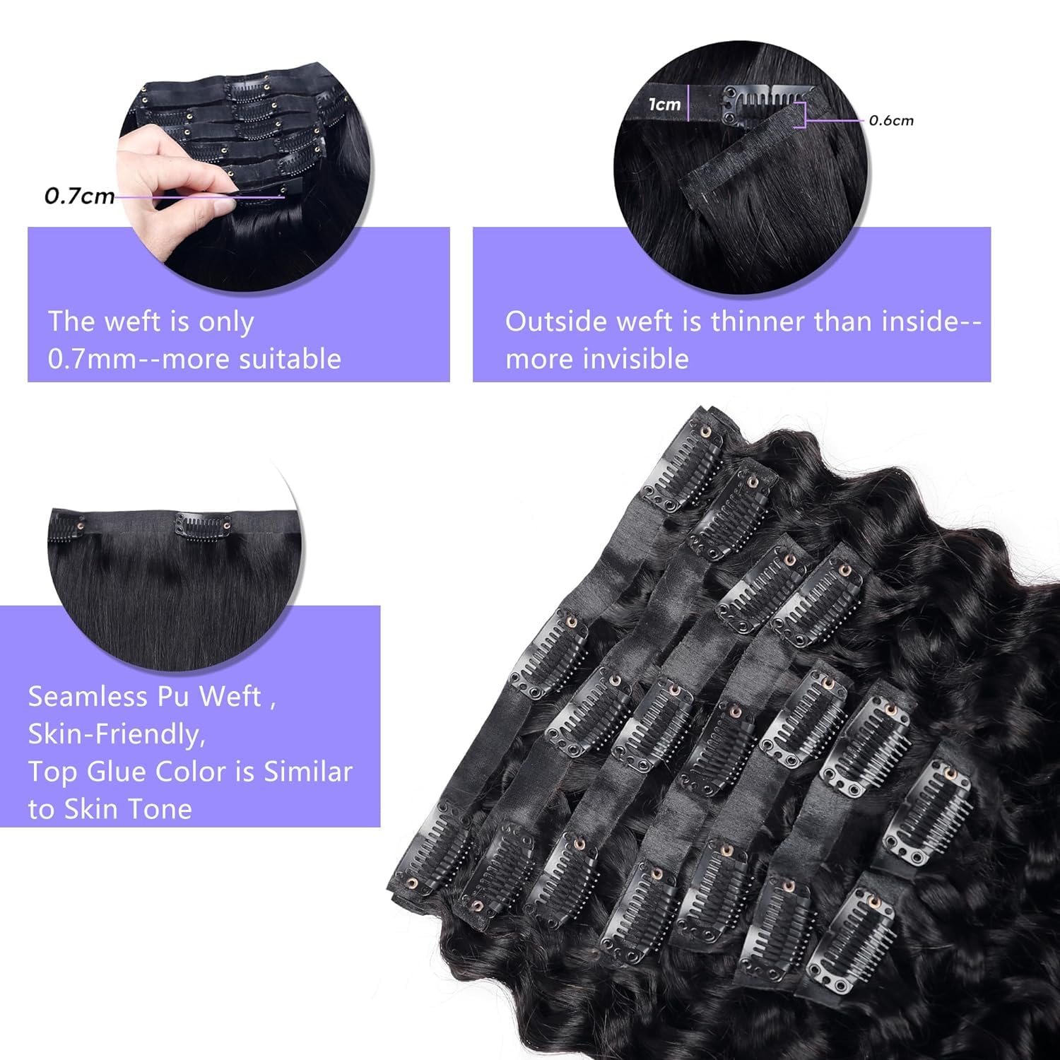 Onimehair™Curly Clip in Hair Extensions for Black Women Brazilian Virgin Human Hair Clip in Extensions 7Pcs Kinky Curly Clip ins Human Hair with 17Clips Double Lace Weft 120g 20nch Natural Black