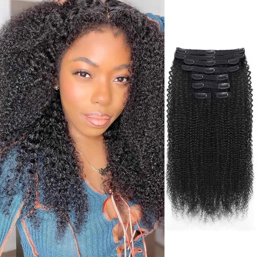 Onimehair™Extension Full Head For Black Women Burmese Curly Clip in Hair Extensions Real Human Hair Messy Curly Clip Ins for Women Brazilian Remy Human Hair Natural Black 12Inch