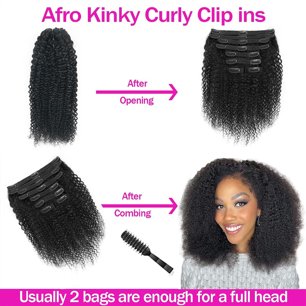 Onimehair™Extension Full Head For Black Women Burmese Curly Clip in Hair Extensions Real Human Hair Messy Curly Clip Ins for Women Brazilian Remy Human Hair Natural Black 12Inch