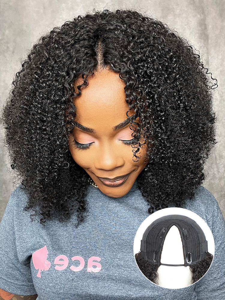 Onimehair™ V Part Glueless No Leave Out Afro onimehair Curly Human Hair Wig Pre-plucked Beginner Friendly