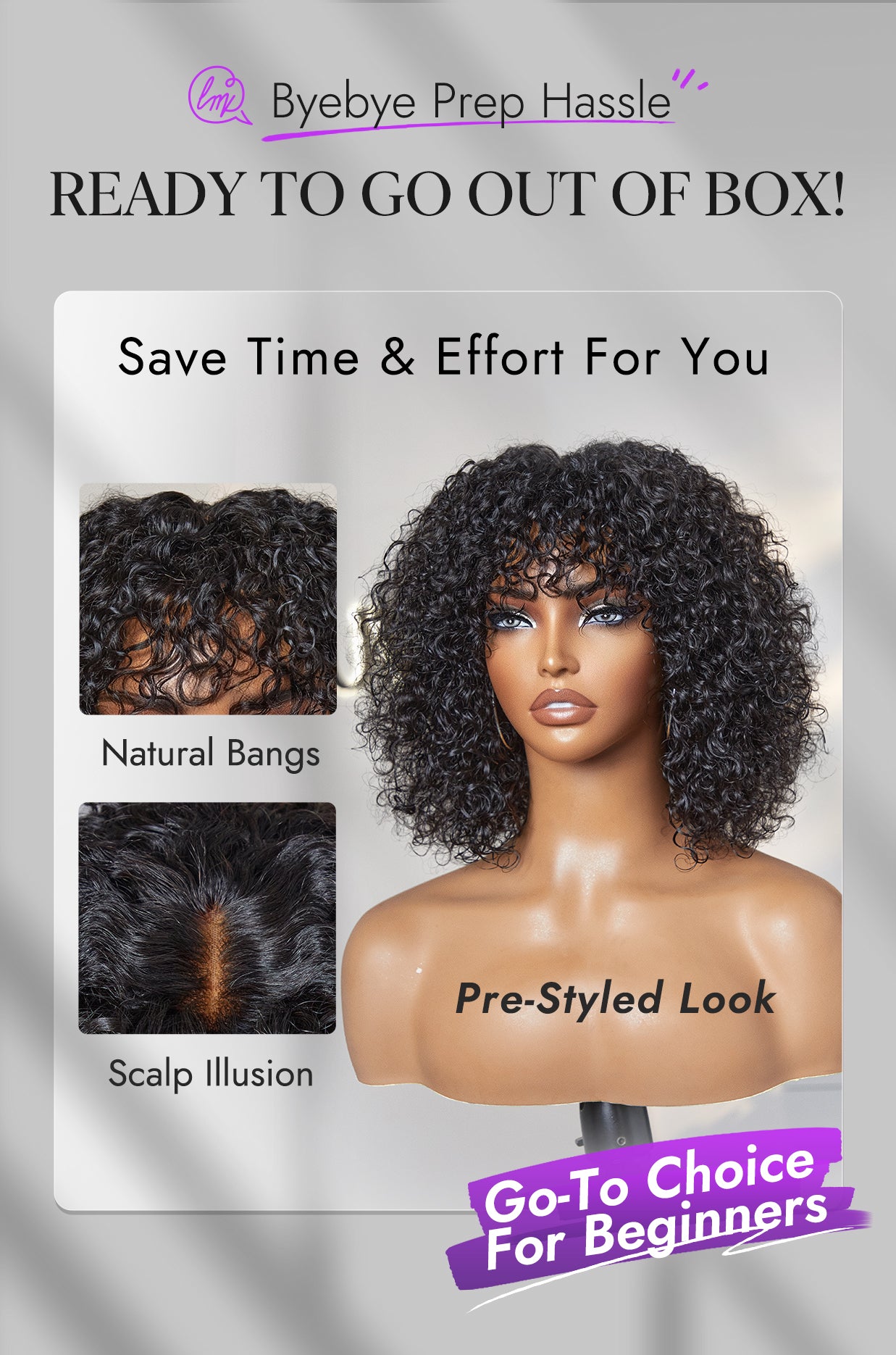 New Customers Only | Beginner Friendly Water Wave Minimalist Lace Glueless Short Curly Wig with Bangs-23