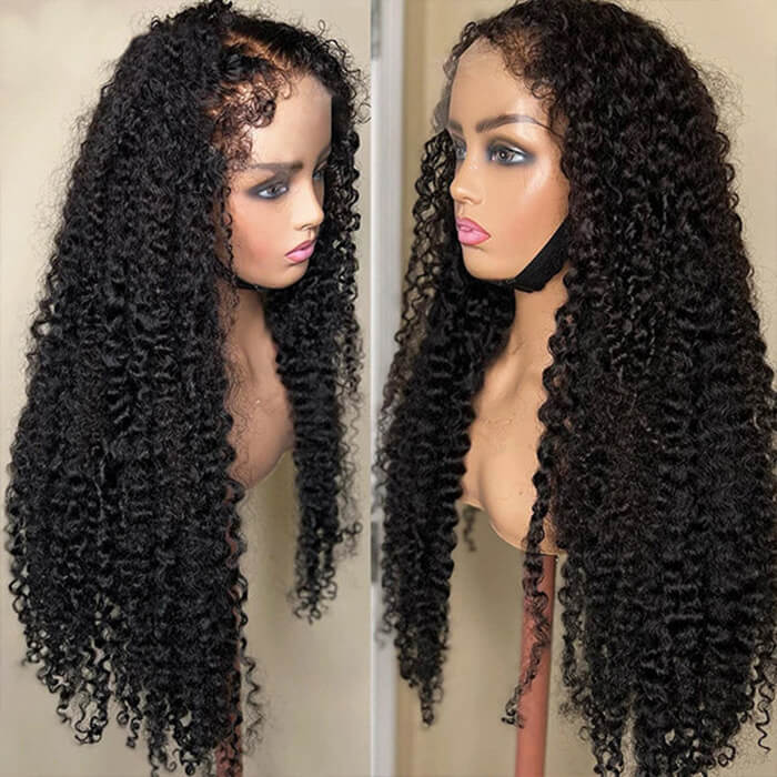 Onime Hair 4C curly edges wig with natural hairline, human hair, 220% density, glueless style, showcasing curly hair and realistic edges.