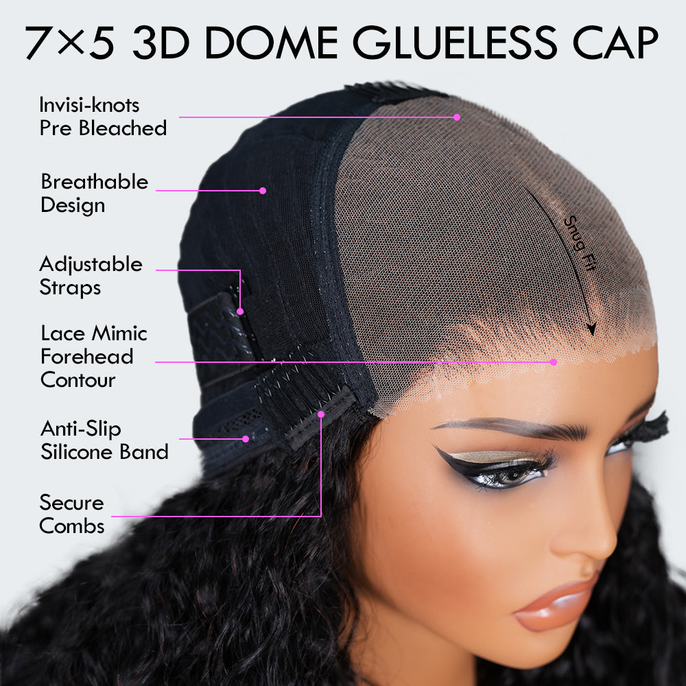 Onimehair™Glueless Water Wave 7x5 / 13x4 Transparent HD Lace Pull and Go Invisible Drawstring Human Hair Wigs