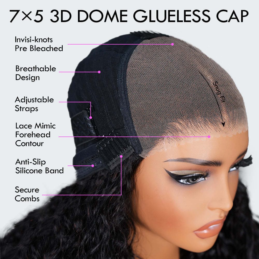 Onimehair™Glueless Water Wave 7x5 / 13x4 Transparent HD Lace Pull and Go Invisible Drawstring Human Hair Wigs