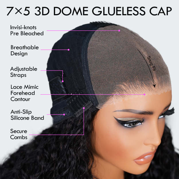 Onimehair™Glueless Water Wave 7x5 / 13x4 Transparent HD Lace Pull and Go Invisible Drawstring Human Hair Wigs