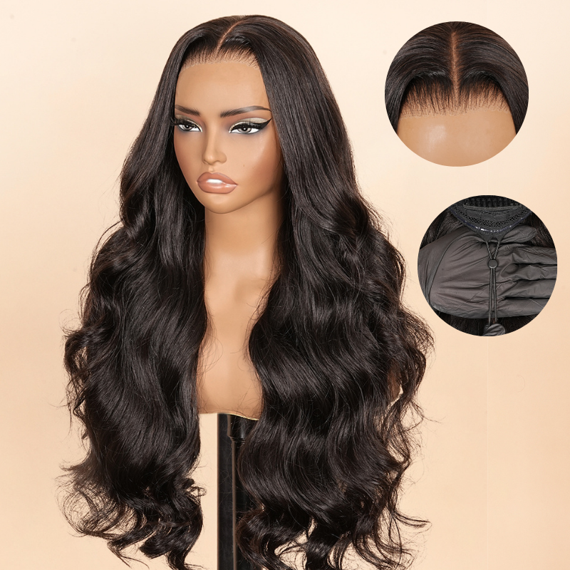 Onimehair™300% Density Glueless 3D Body Wave 7x5 / 13x4 HD Transparent Lace Pull And Go Invisible Drawstring Human Hair Wigs With Natural Hairline