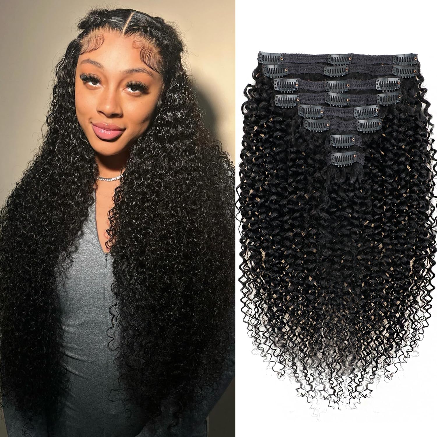 Onimehair™Extension Full Head For Black Women Burmese Curly Clip in Hair Extensions Real Human Hair Messy Curly Clip Ins for Women Brazilian Remy Human Hair Natural Black 12Inch