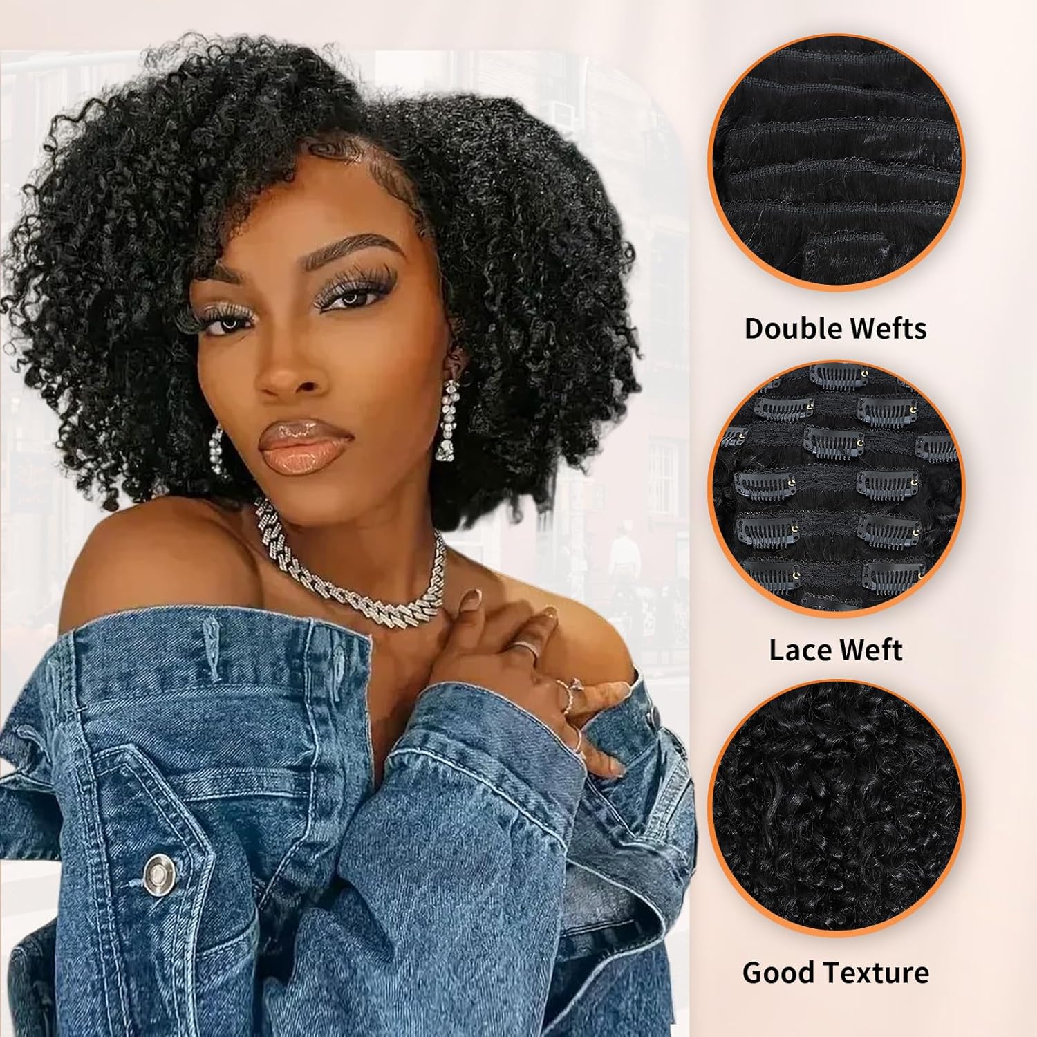 Onimehair™Kinky Curly Clip ins Human Hair 3C 4A Curly Clip in Hair Extensions for Black Women 8Pcs with 20Clips 120g/set 10A Brazilian Human Hair Natural Black 16 Inch