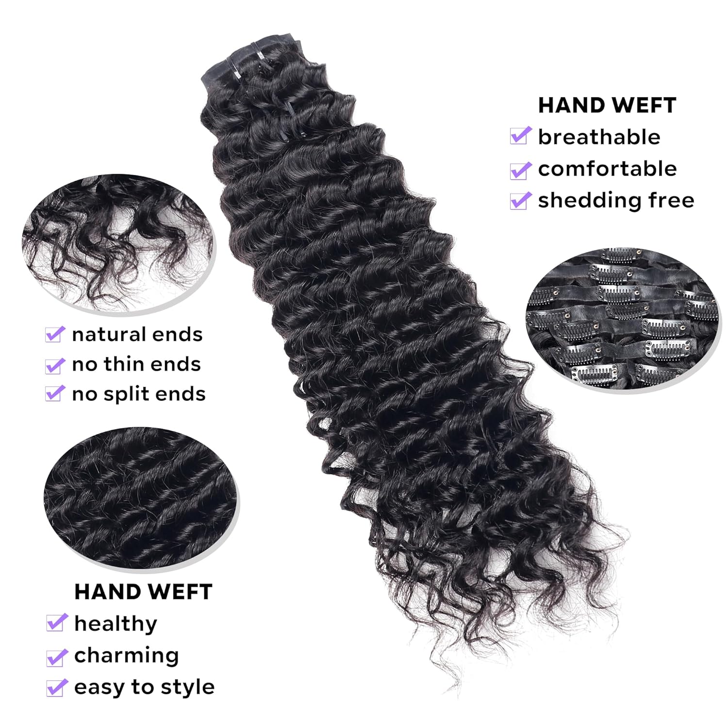 Onimehair™Curly Clip in Hair Extensions for Black Women Brazilian Virgin Human Hair Clip in Extensions 7Pcs Kinky Curly Clip ins Human Hair with 17Clips Double Lace Weft 120g 20nch Natural Black