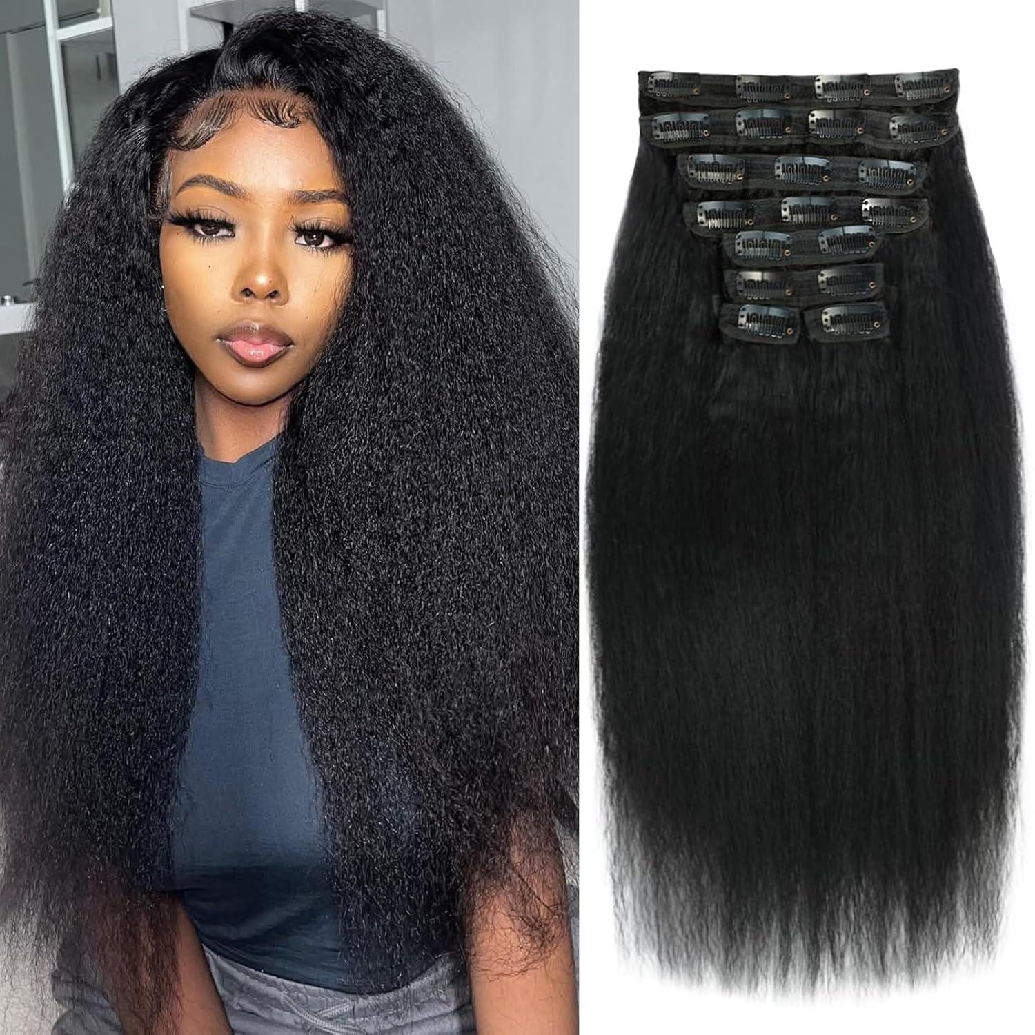 Onimehair™16 Inch Kinky Curly Clip ins Human Hair 110g 8pcs 20 Clips 3C 4A Curly Clip In Hair Extensions Real Human Hair Brazilian Virgin Hair Full Head for Women Natural Black
