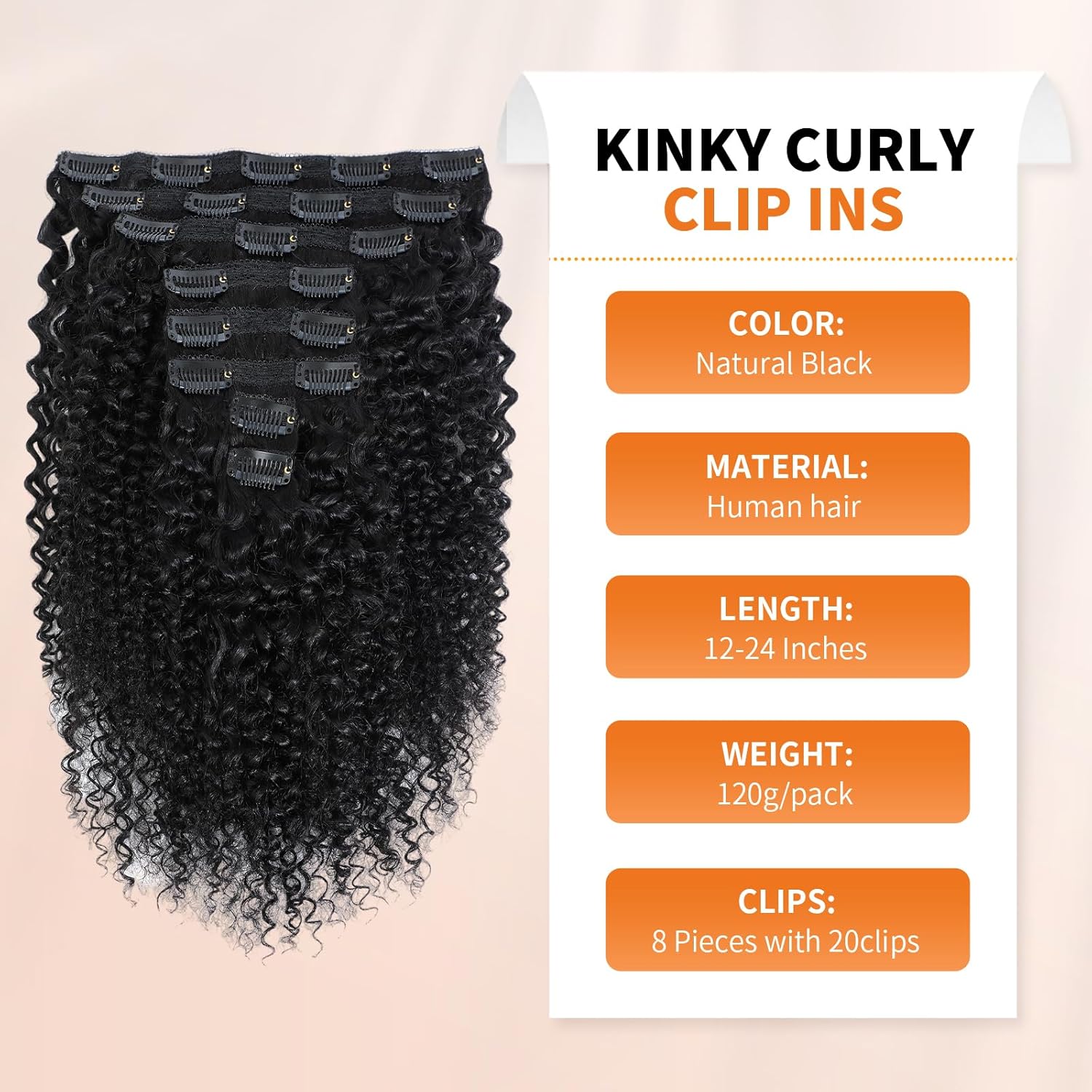 Onimehair™Kinky Curly Clip ins Human Hair 3C 4A Curly Clip in Hair Extensions for Black Women 8Pcs with 20Clips 120g/set 10A Brazilian Human Hair Natural Black 16 Inch