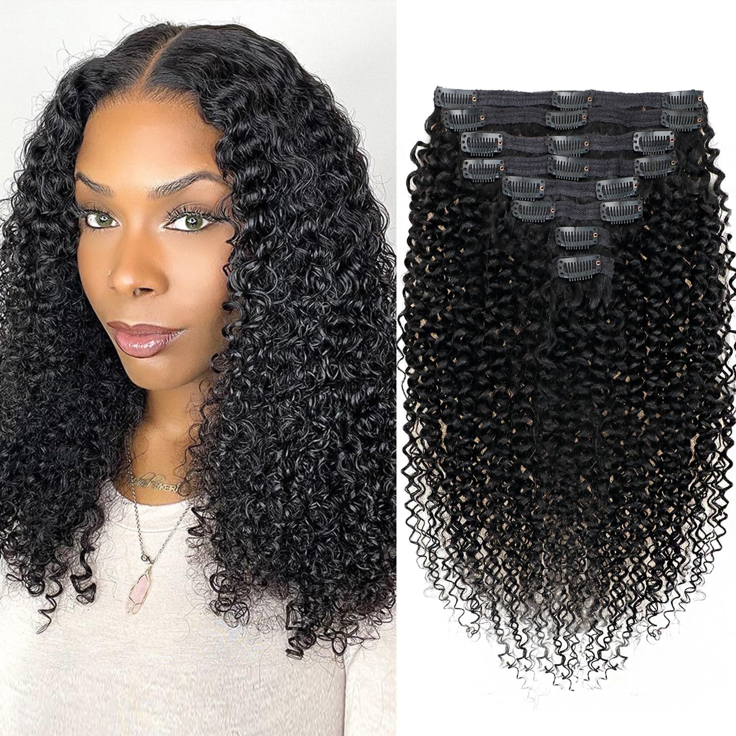 Onimehair™Extension Full Head For Black Women Burmese Curly Clip in Hair Extensions Real Human Hair Messy Curly Clip Ins for Women Brazilian Remy Human Hair Natural Black 12Inch