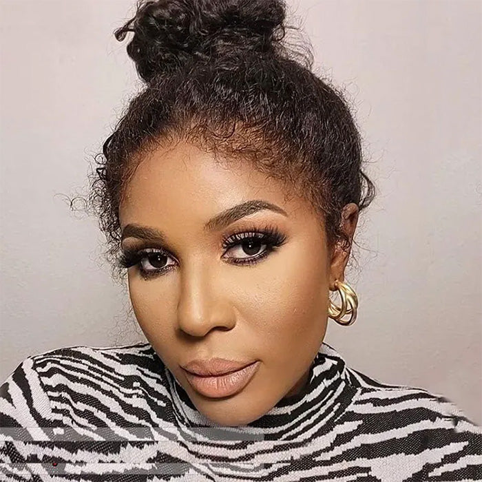 Onime Hair 4C curly edges glueless wig with natural hairline and 220% density, human hair, styled with defined curls and edges.