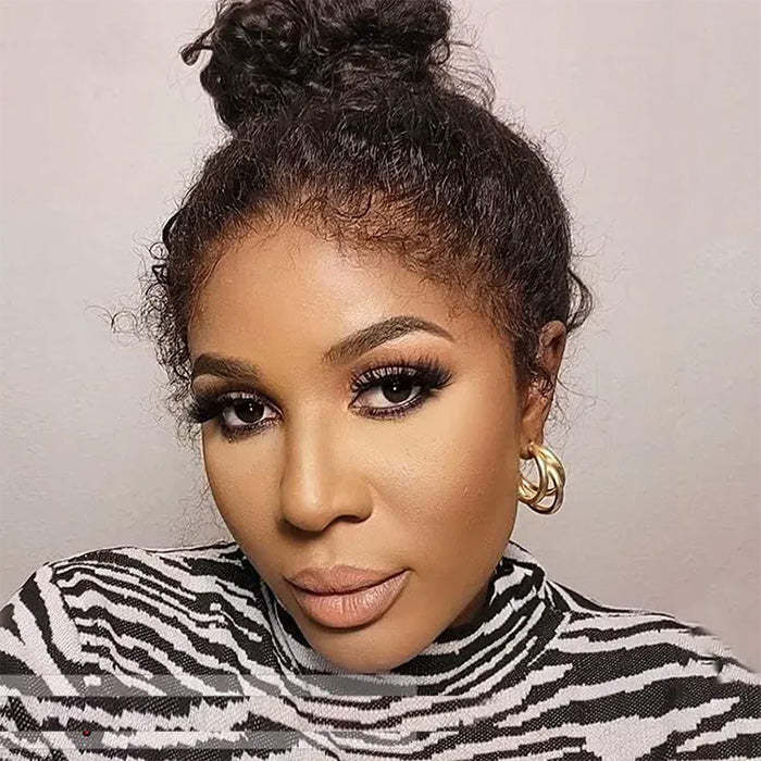 Onime Hair 4C curly edges glueless wig with natural hairline and 220% density, human hair, styled with defined curls and edges.
