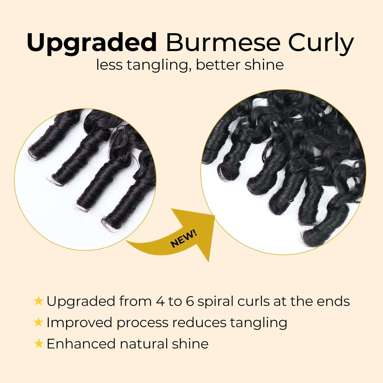 Easy Blend Burmese Curly human hair bundles in natural black, showcasing soft, bouncy curls in 14-26 inch lengths.