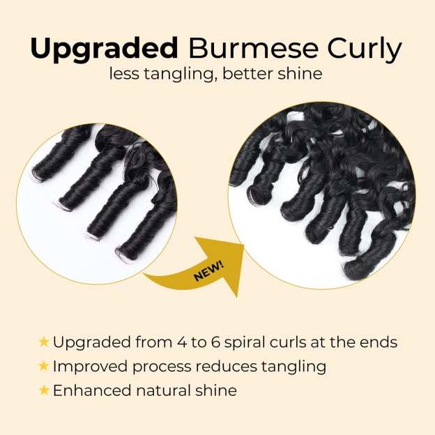 Easy Blend Burmese Curly human hair bundles in natural black, showcasing soft, bouncy curls in 14-26 inch lengths.
