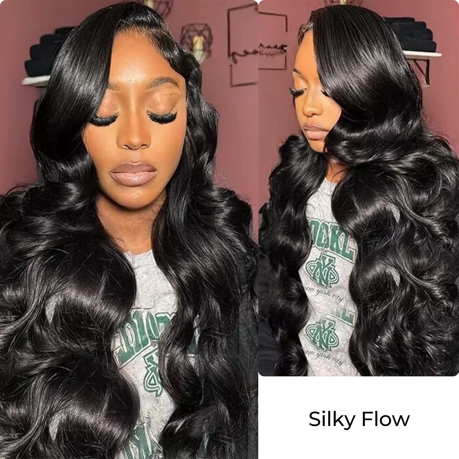 Body wave bundles in natural black #1B, showcasing soft texture and effortless waves in 12-36 inch lengths.