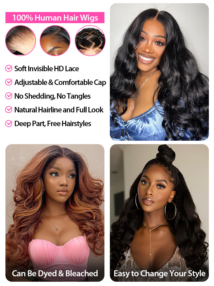Onimehair™ Pre-bleached Body Wave Hair 13x4 Swiss HD Lace/Transparent Lace Front Wigs Pre Plucked