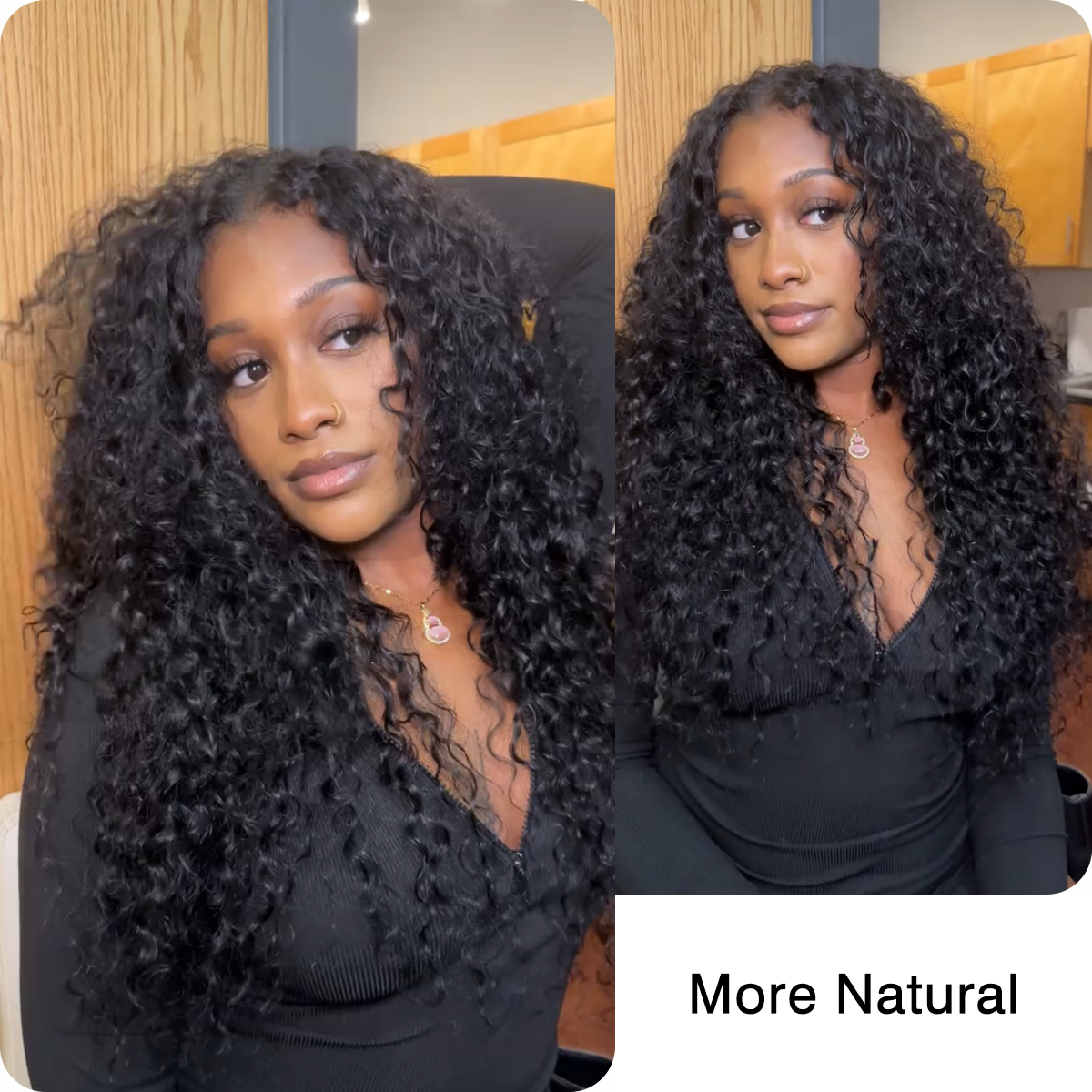 Wet look water wave hair bundles in natural black, 12–28 inches, showcasing soft, flowing texture and beautiful waves.