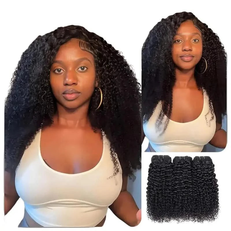 Natural black 4C-friendly kinky curly hair bundles with tight, springy curls, available in 12–28 inches.