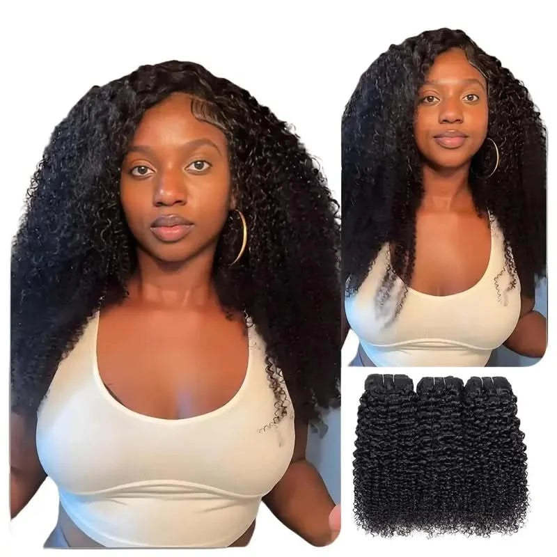 Natural black 4C-friendly kinky curly hair bundles with tight, springy curls, available in 12–28 inches.
