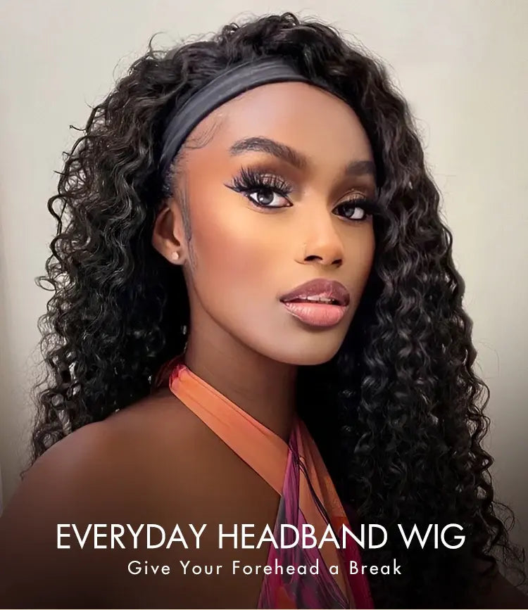 a black women wearing deep wave headband wig