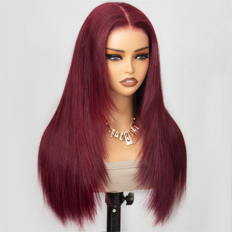 Onime Straight Layered Cut 99J Burgundy Color Human Hair 5x5 13x6 Transparent Lace Wigs