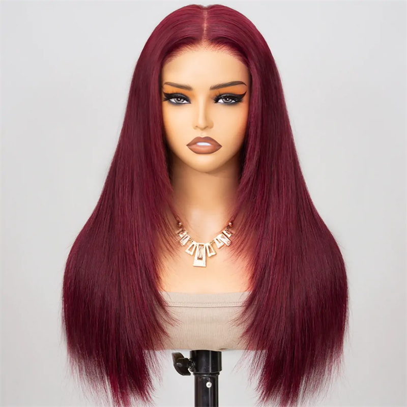 Onime Straight Layered Cut 99J Burgundy Color Human Hair 5x5 13x6 Transparent Lace Wigs