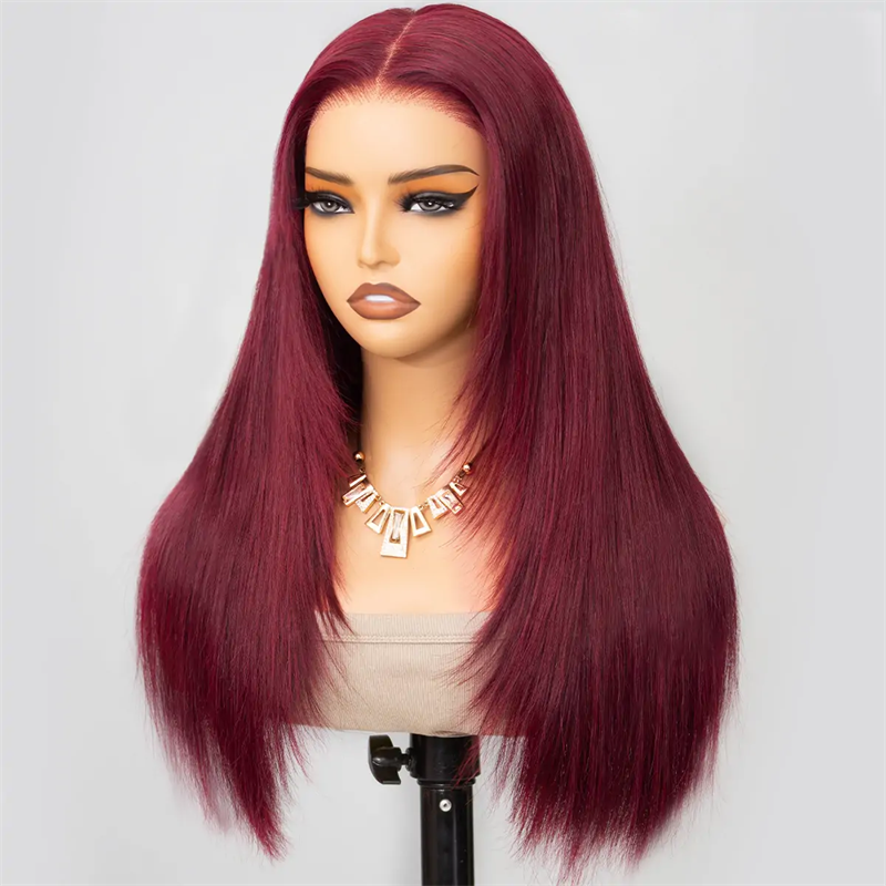 Onime Straight Layered Cut 99J Burgundy Color Human Hair 5x5 13x6 Transparent Lace Wigs