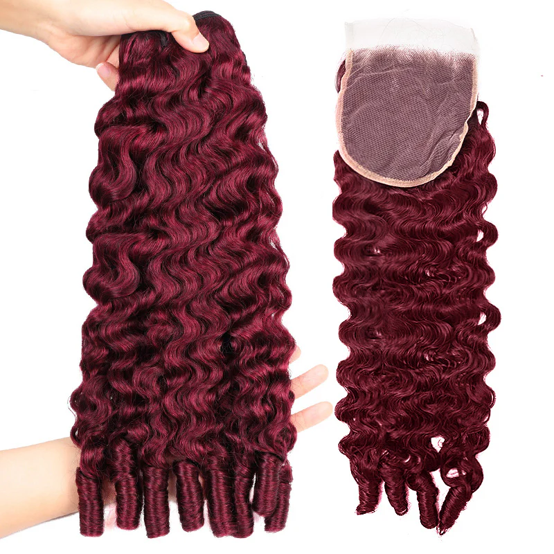 Onime #99J Burgundy Burmese Curly 3 Bundles With 4x4 5x5 Lace Closure Human Hair Weave