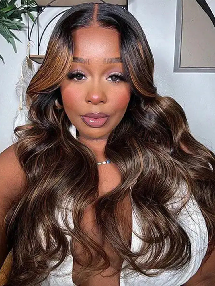 Onimehair™ Highlight Balayage Color Body Wave 9x6 T Part Glueless Wig Pre-cut Lace Wear Go Wig