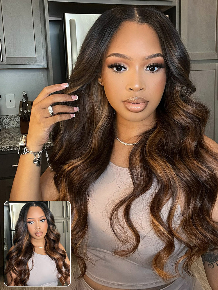 Onimehair™ Highlight Balayage Color Body Wave 9x6 T Part Glueless Wig Pre-cut Lace Wear Go Wig