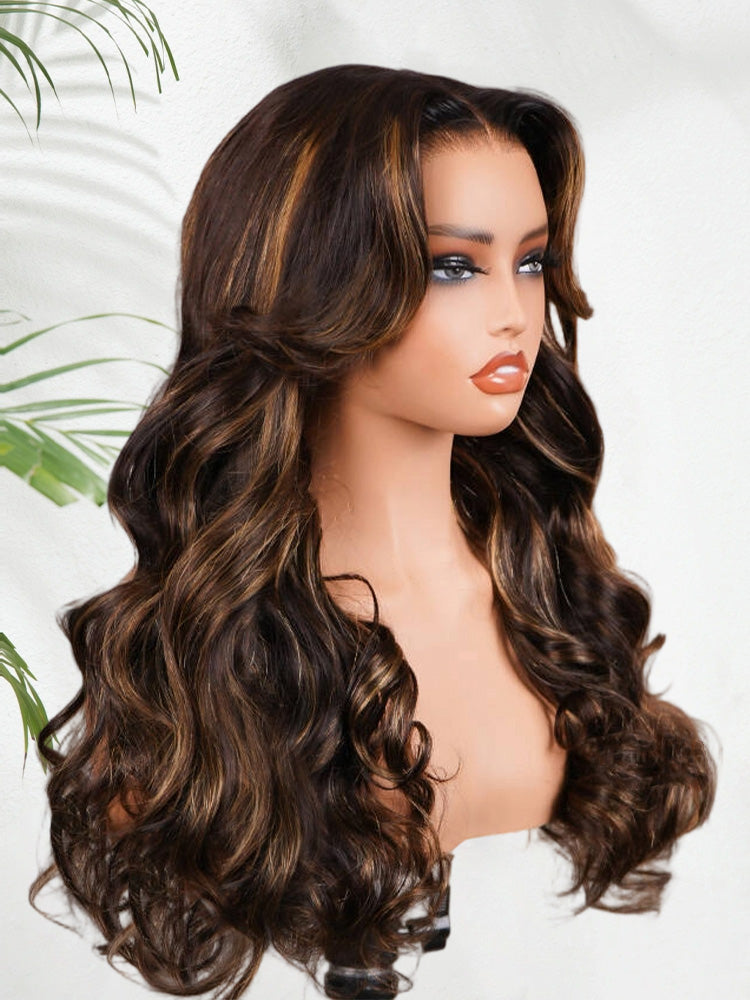 Onimehair™ Highlight Balayage Color Body Wave 9x6 T Part Glueless Wig Pre-cut Lace Wear Go Wig