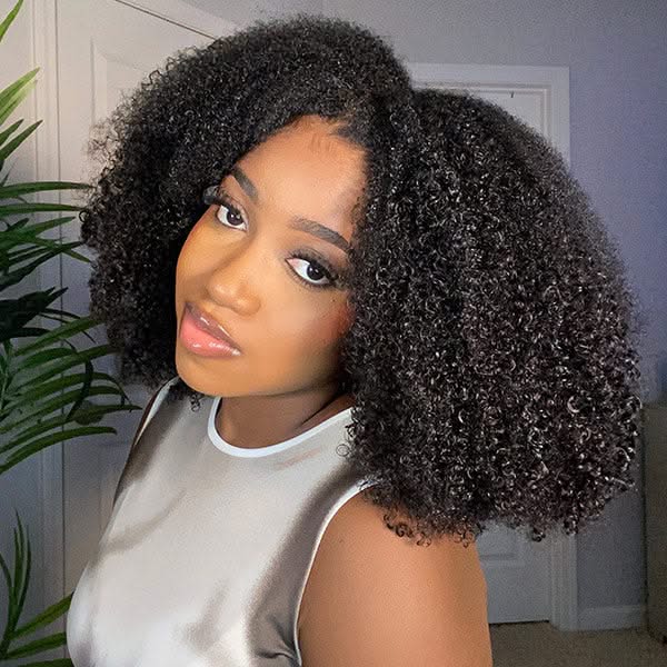 Glueless Wigs V Part Afro Curly Wig No Leave Out Thin Part Human Hair Wig With Drawstring Beginner Friendly - Onime Hair