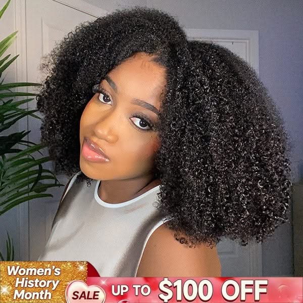 Glueless Wigs V Part Afro Curly Wig No Leave Out Thin Part Human Hair Wig With Drawstring Beginner Friendly - Onime Hair